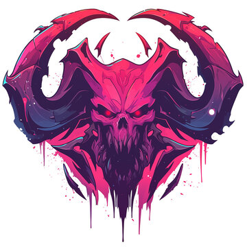 This image presents a digital artwork of a demonic skull with horns and a menacing expression, in a stylized art style.