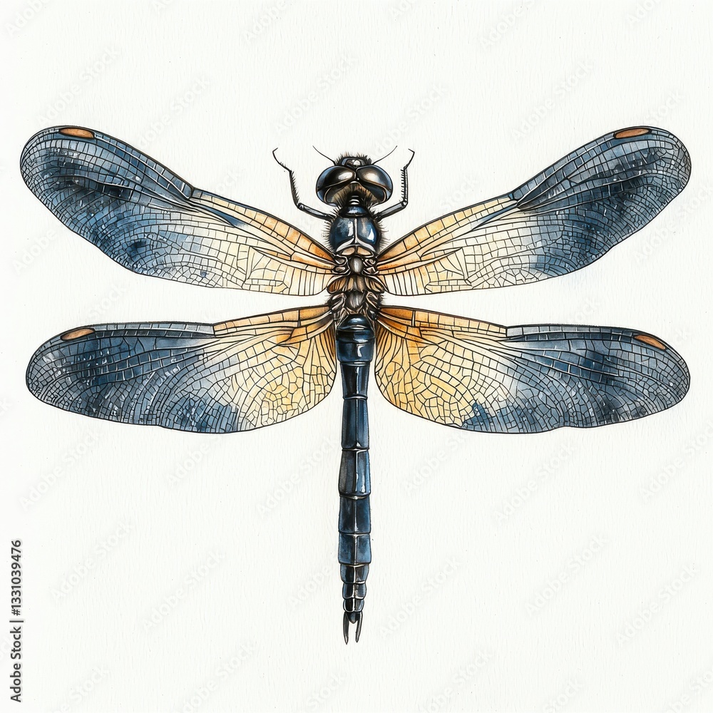 Poster detailed illustration of a colorful dragonfly with intricate wing patterns and unique body structure