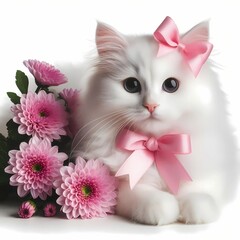 Elegant White Cat Surrounded by Pink Chrysanthemums