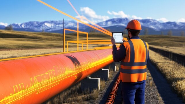 Worker inspecting a vibrant pipeline with digital overlays in a mountainous landscape