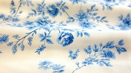Elegant Blue Floral Toile Fabric  Parisian Garden Design  Soft Texture  High Resolution Im