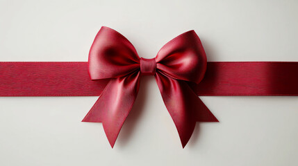 Elegant red silk ribbon bow on a white surface, ideal for gift wrapping, holiday decorations, and special celebrations like birthdays or weddings.