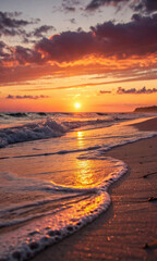 A close-up view of the shoreline at sunset.  Waves are gently lapping onto a sandy beach. The water is a golden-orange hue, reflecting the setting sun.  Sunlight catches the foamy white crests of the 