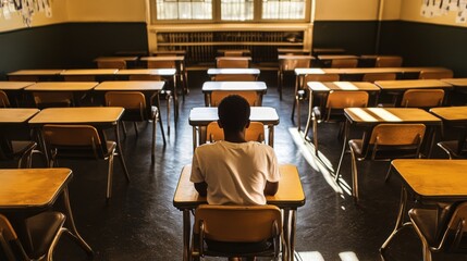 A lone Black student sitting at a separate desk in a classroom, symbolizing racial segregation and exclusion.