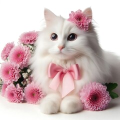 Elegant White Cat Surrounded by Pink Chrysanthemums