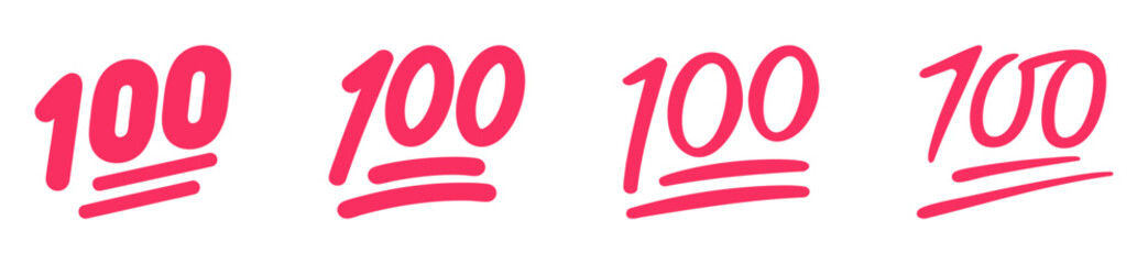 Set of hundred points symbols in pink color. One hundred vector icon. Hundred-point emoji. hundred, 100 point, vector, icon, symbols.