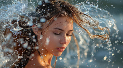 Obraz premium Peaceful Woman with Wet Hair Enjoying a Moment in Ocean Splash 