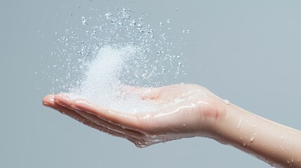Fototapeta premium A hand spraying a glass surface, clear droplets, copy space on the left, clean commercial aesthetic.