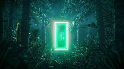 Obraz premium Futuristic Neon Sign in Tropical Jungle Emerald Glow Palm Trees Night Scene