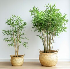 Fototapeta premium Two Bamboo Plants in Woven Baskets Against a White Wall