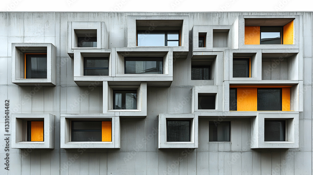 Poster abstract concrete building facade with irregularly sized and positioned windows; some windows are ac