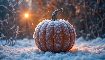 Experience enchanting fusion of icy elegance and festive cheer as frost delicately dances upon a pumpkin, breathing life into captivating artistic portrayal of winter