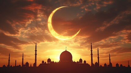 Fototapeta premium Crescent moon sunset over mosque silhouette