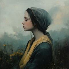 Fototapeta premium A serene young woman, profile view, in a muted landscape