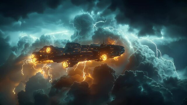 A colossal spaceship hovers above stormy clouds, lightning crackling through the planet's atmosphere, with its glowing engines lighting up the sky - Powered by Adobe