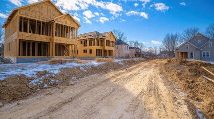 New Residential Construction Site with Framed Houses Under Blue Sky