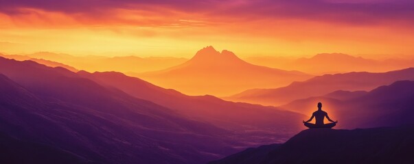 Person meditating in a lotus position on a mountain landscape