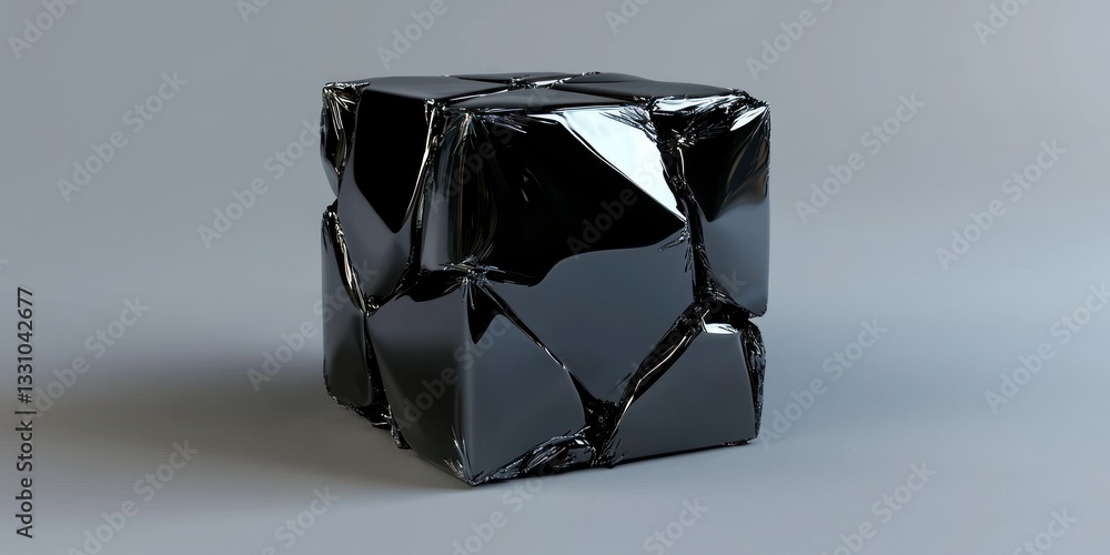 Aufkleber a futuristic 3d-rendered metallic black cube with sharp edges and a glossy texture