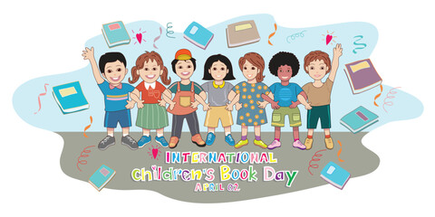 Children holding hands to celebrate International Children's Book Day, vector illustration style,