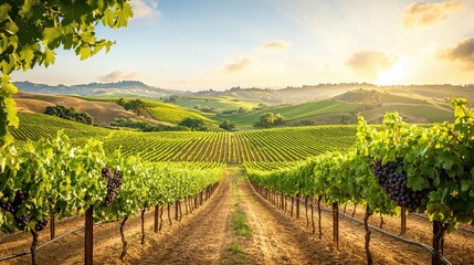 Naklejka premium Scenic Vineyard with Rows of Grapes at Sunset in Beautiful Landscape