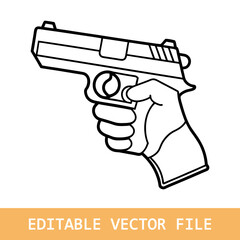 Hand holding gun at you line art vector isolated