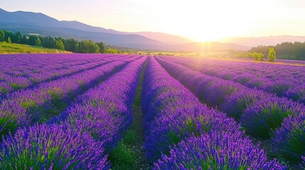 Fototapeta premium Stunning Lavender Field at Sunset with Vibrant Purple Colors