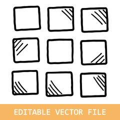 Set of doodle handdrawn highlight rectangles. Collection of pencil or pen sketch elements of squares and marks isolated on transparent background. Brush doodle shape for message notes