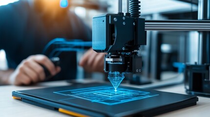Fototapeta premium Advanced 3D printing technology in action, showcasing a designer working on a prototype