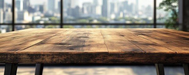 A rustic wooden table with city view from a large window