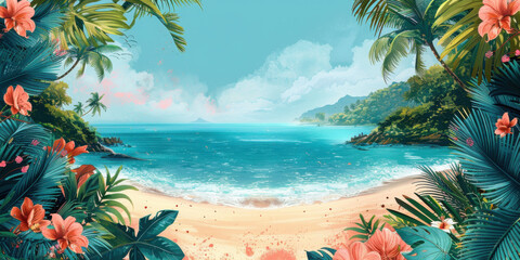 Scenic Tropical Beach Surrounded by Vibrant Hibiscus Flowers
