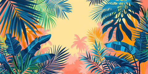 Tropical Leaf Frame with Gradient Sunset Background
