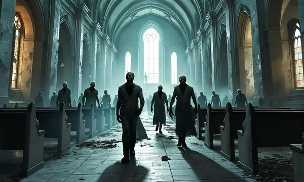 Zombies Walking in Dark Church Ruins