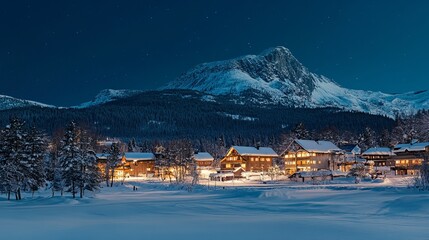 Winter Wonderland Landscape With Cozy Lit Houses, Snow-Covered Mountains And Trees Under A Starry Night Sky.
