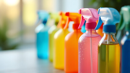 A row of colorful spray bottles.