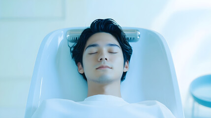 Serene Haircare Ritual: A Man's Relaxing Moment with a Scalp Massager in a Harmonious White and Blue Setting