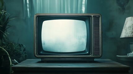 Retro TV on table; blank screen, interior background. Usable for media project