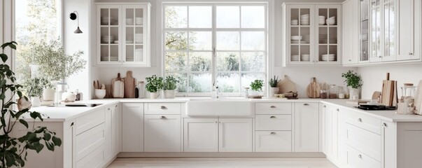A bright and airy all white kitchen with large window and plants