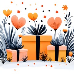 Heart-shaped flowers bloom above gifts in a garden