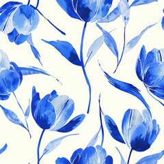 Blue tulip floral pattern design with elegant flowers and whimsical touch for botanical and nature inspired interior decor in watercolor style. Cheerful seamless backdrop in spring concept.