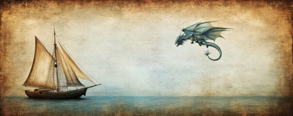 A sailing ship encounters a dragon flying over the vast ocean