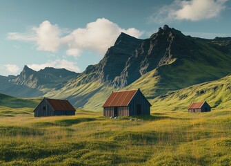 Obraz premium Weathered Wooden Houses in Verdant Field Against Mountainous Backdrop