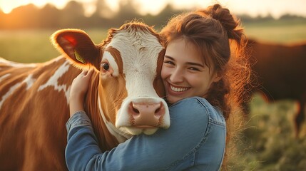 Sunset Hug: A heartwarming moment between a young woman and a cow in a sun-drenched pasture.  A beautiful scene of rural life and animal affection.