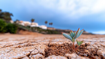 Fototapeta premium Resilient Sprout in Cracked Earth Dramatic Sky Close Up