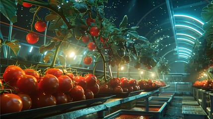 vibrant tomato plants thriving in a futuristic greenhouse, demonstrating innovative food production