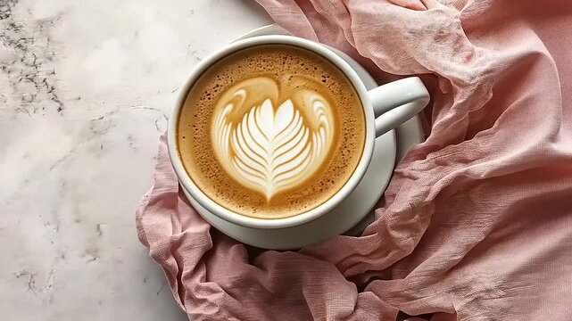 A beautifully crafted latte art coffee in a white cup surrounded by soft pink fabric on a marble surface