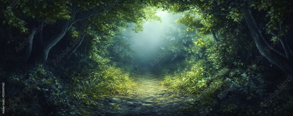 Poster a mysterious path illuminated by light deep within a forest