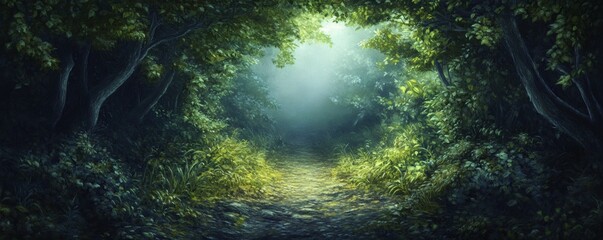 Obraz premium A mysterious path illuminated by light deep within a forest