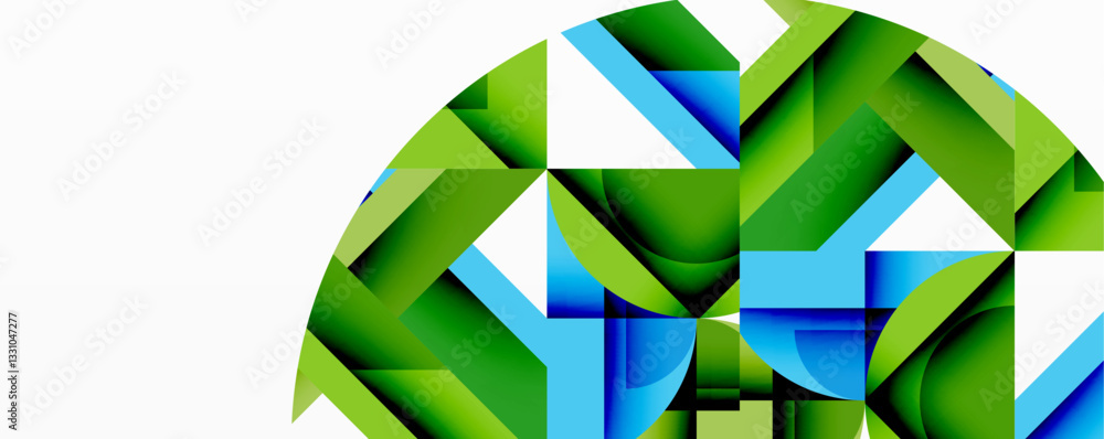 Poster Abstract geometric composition with interlocking circular and angular shapes, featuring smooth gradients and sharp contrasts on a white background