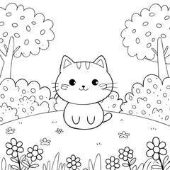 Cute Cat Coloring Page Black and White Illustration for Kids to Color