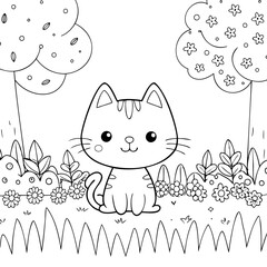 Printable Creative Cat Coloring Sheet Lovely Surroundings in Black and White for Kids